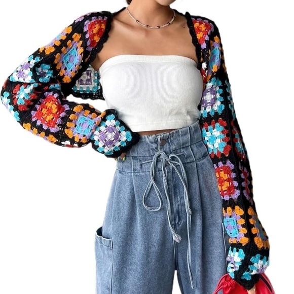 NEW Darling Boho Crochet Multi Color Crop Shrug Cardigan - Picture 2 of 6